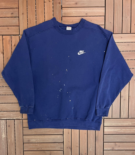 Nike Small Swoosh Embroidered Graphic Crewneck | Size X-Large | Vintage 1990s Branded Blue Sweater |