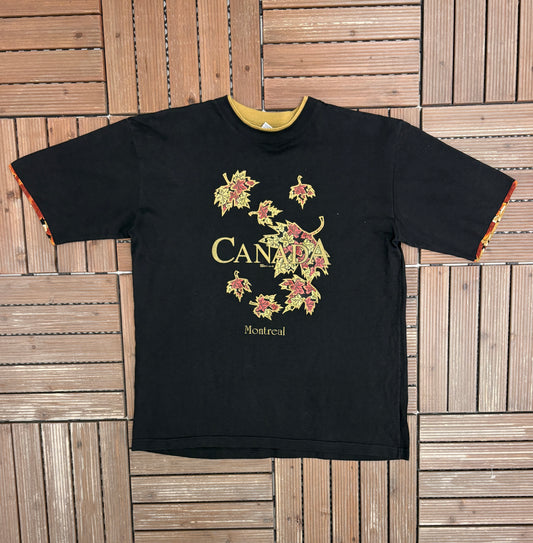 Montreal, Canada Maple Leaves Graphic Tee | Size Large | Vintage 1990s Tourist Black T-Shirt |