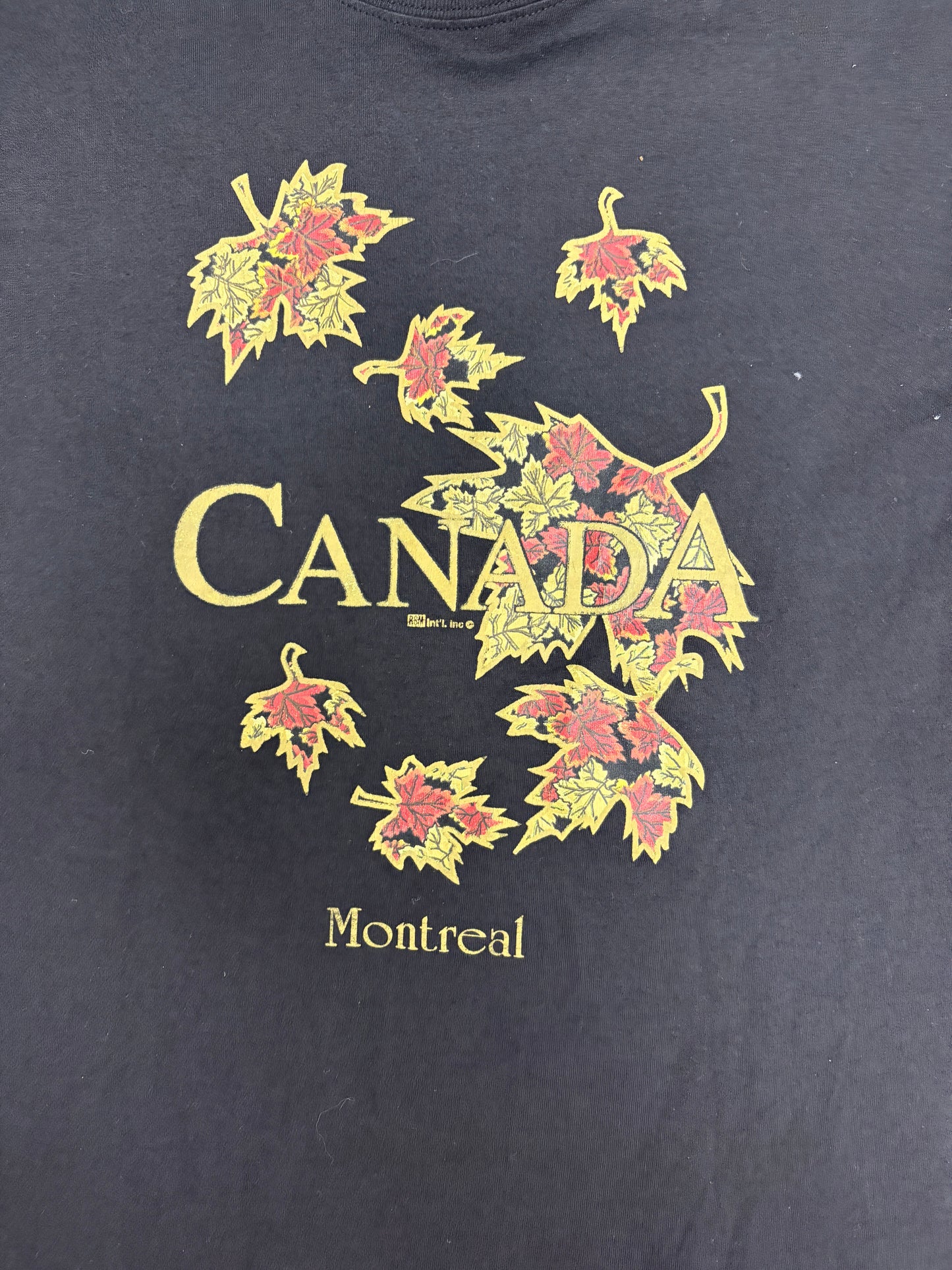 Montreal, Canada Maple Leaves Graphic Tee | Size Large | Vintage 1990s Tourist Black T-Shirt |