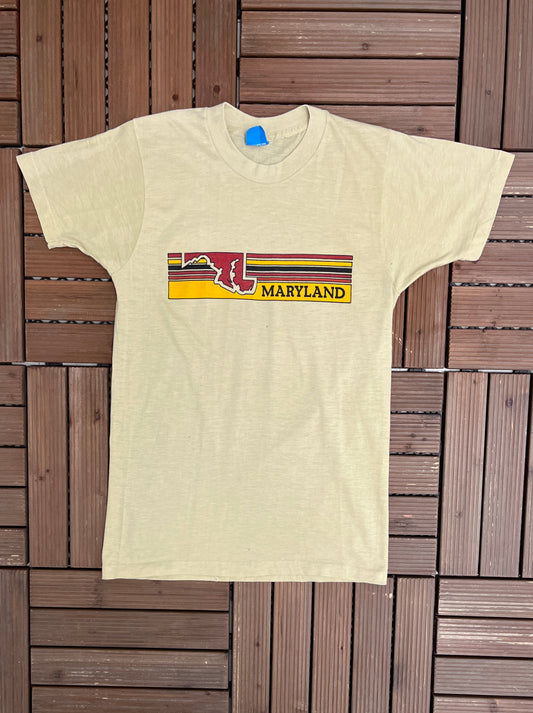 Maryland State Tourist Graphic Tee | Size Medium | Vintage 1980s Made in USA Tourist Beige T-Shirt |