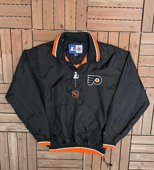 Philadelphia Flyers Embroidered Graphic Jacket | Size Medium | Vintage 1990s NHL Hockey Black Jacket |