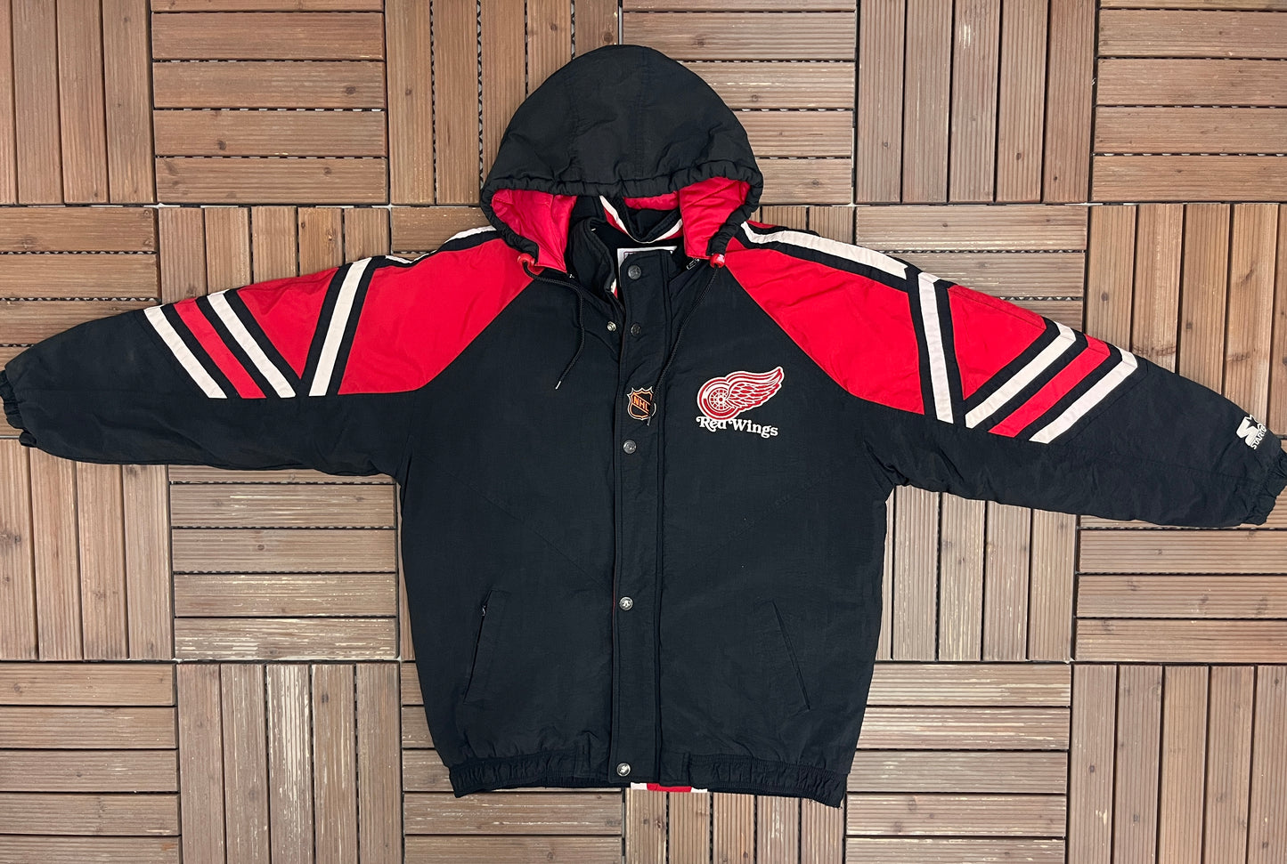 Detroit Red Wings Graphic Jacket | Size Large | Vintage 1990s NHL Hockey Black Jacket |