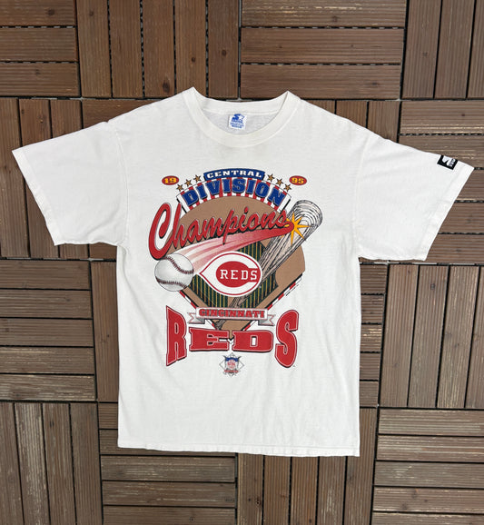 Cincinnati Reds Central Division Champions 1995 Graphic Tee | Size Medium | Vintage 1990s MLB Baseball White T-Shirt |