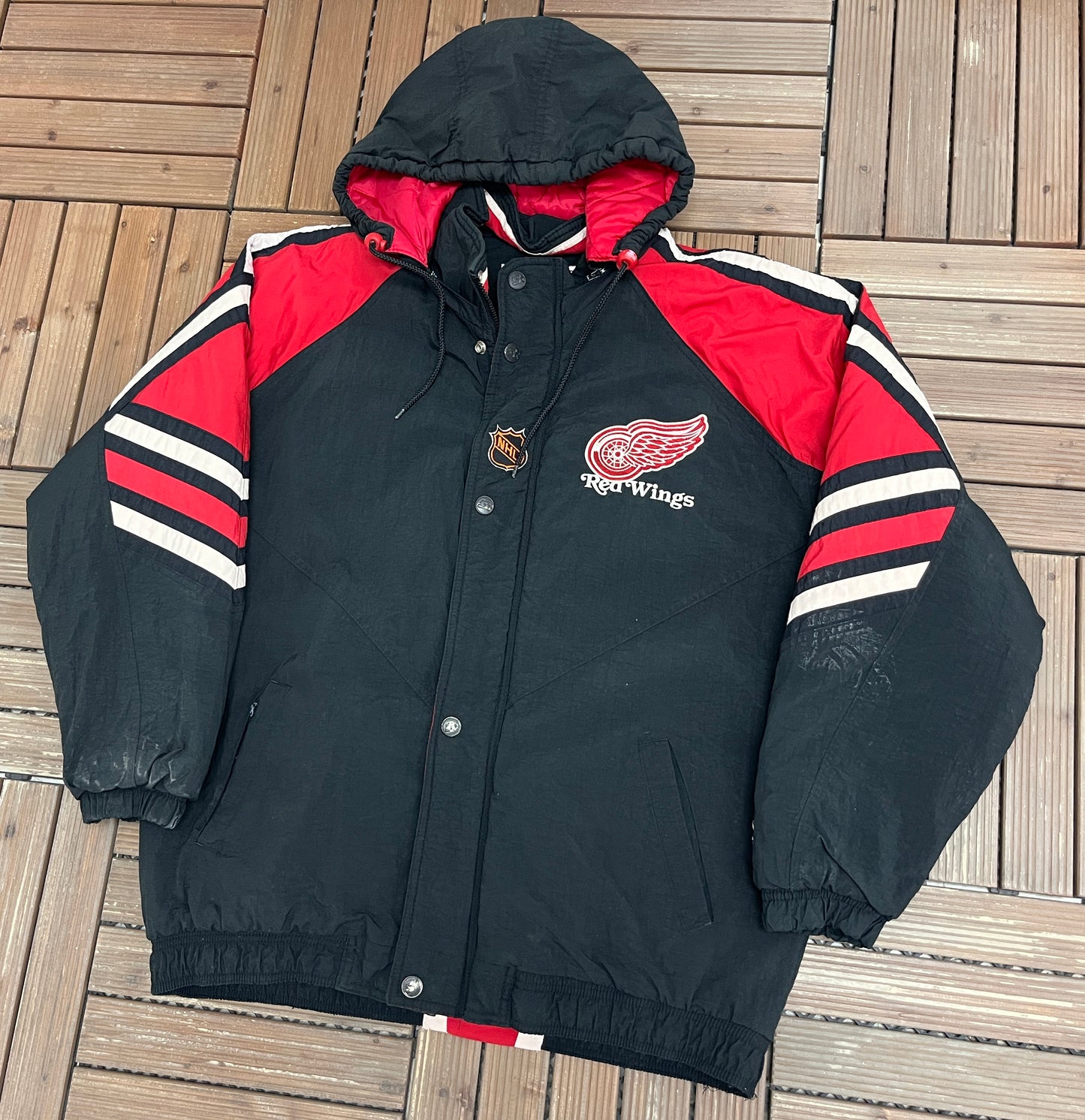 Detroit Red Wings Graphic Jacket | Size Large | Vintage 1990s NHL Hockey Black Jacket |