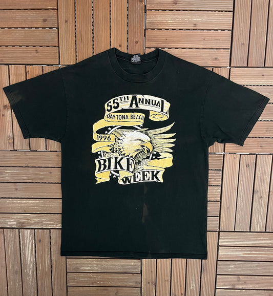 Daytona Beach Bike Week 1996 Graphic Tee | Size Large | Vintage 1990s Motorcycle Biker Black T-Shirt |