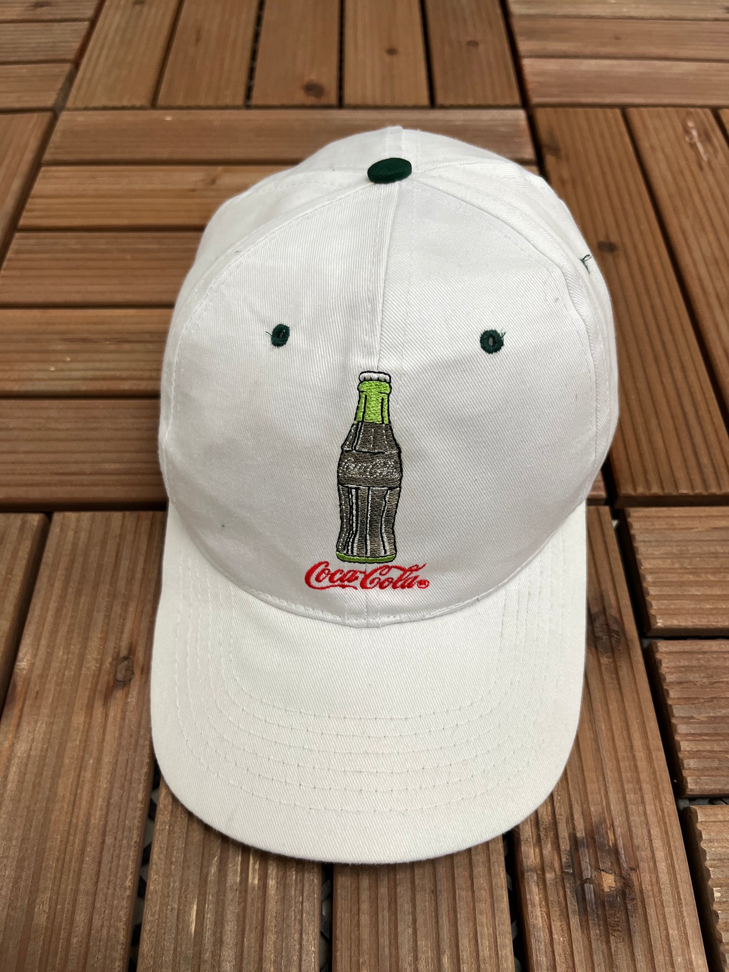 Coca-Cola Bottle Embroidered Graphic Hat | Snap Back | Vintage 1990s Promotional White Cap |