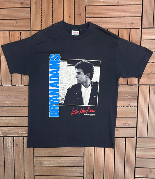 Bryan Adams Into The Fire Tour 1987 Graphic Tee | Size X-Large | Vintage 1990s Canadian Rock Black T-Shirt |