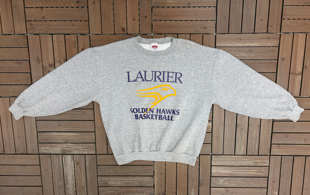 Laurier Golden Hawks Basketball Graphic Crewneck | Size Large | Vintage 2000s University Grey Sweater |