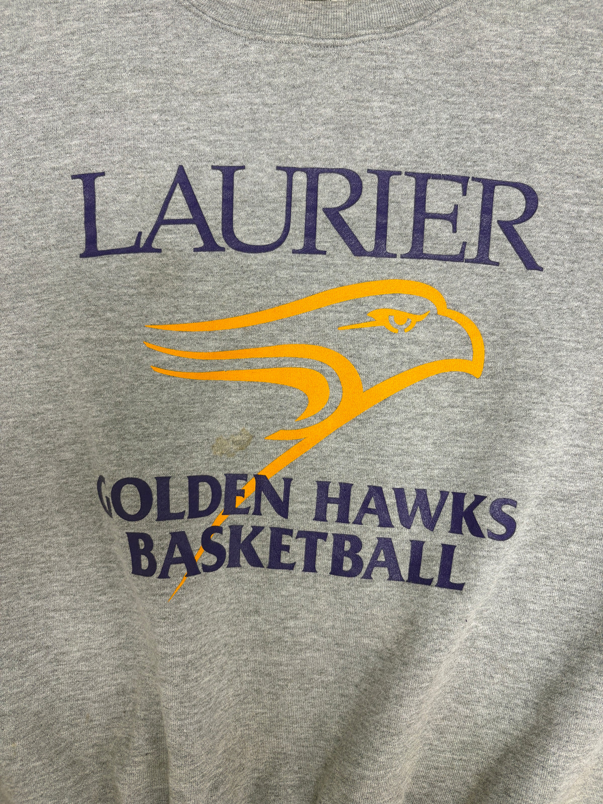 Laurier Golden Hawks Basketball Graphic Crewneck | Size Large | Vintage 2000s University Grey Sweater |