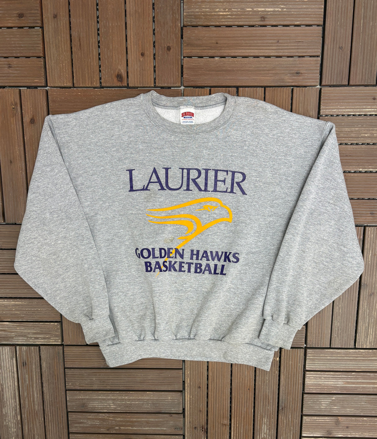 Laurier Golden Hawks Basketball Graphic Crewneck | Size Large | Vintage 2000s University Grey Sweater |