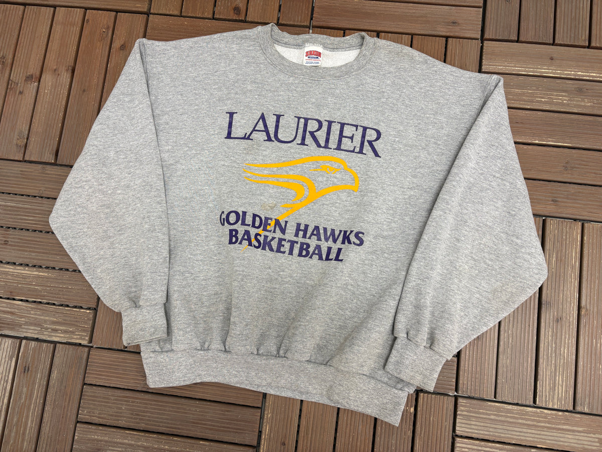 Laurier Golden Hawks Basketball Graphic Crewneck | Size Large | Vintage 2000s University Grey Sweater |