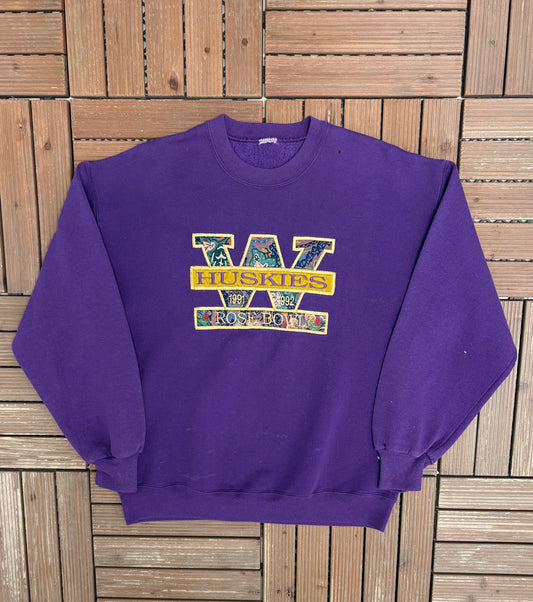 Washington Huskies Rose Bowl 1992 Graphic Crewneck | Size Large | Vintage 1990s College Sports Purple Sweater |