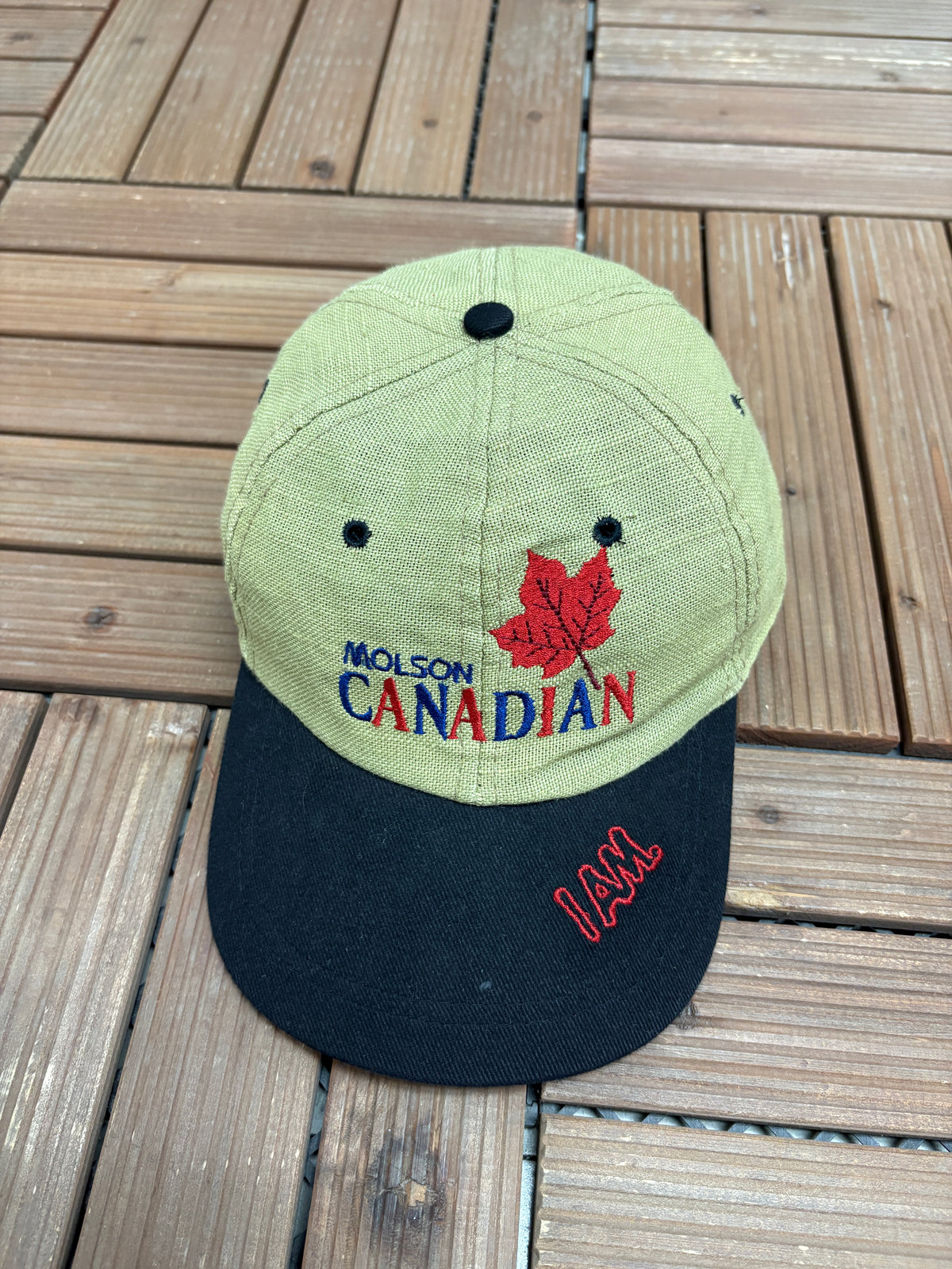 Molson Canadian Beer Graphic Hat | Metal Clasp | Vintage 2000s Alcohol Promotional Beige Cap |