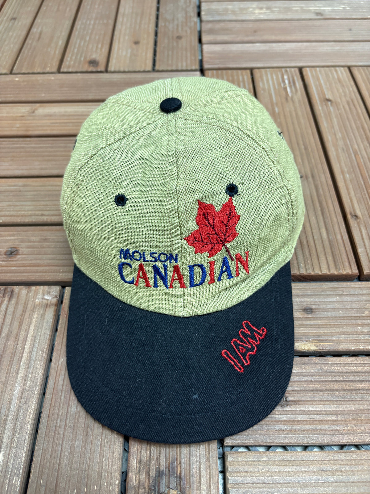 Molson Canadian Beer Graphic Hat | Metal Clasp | Vintage 2000s Alcohol Promotional Beige Cap |