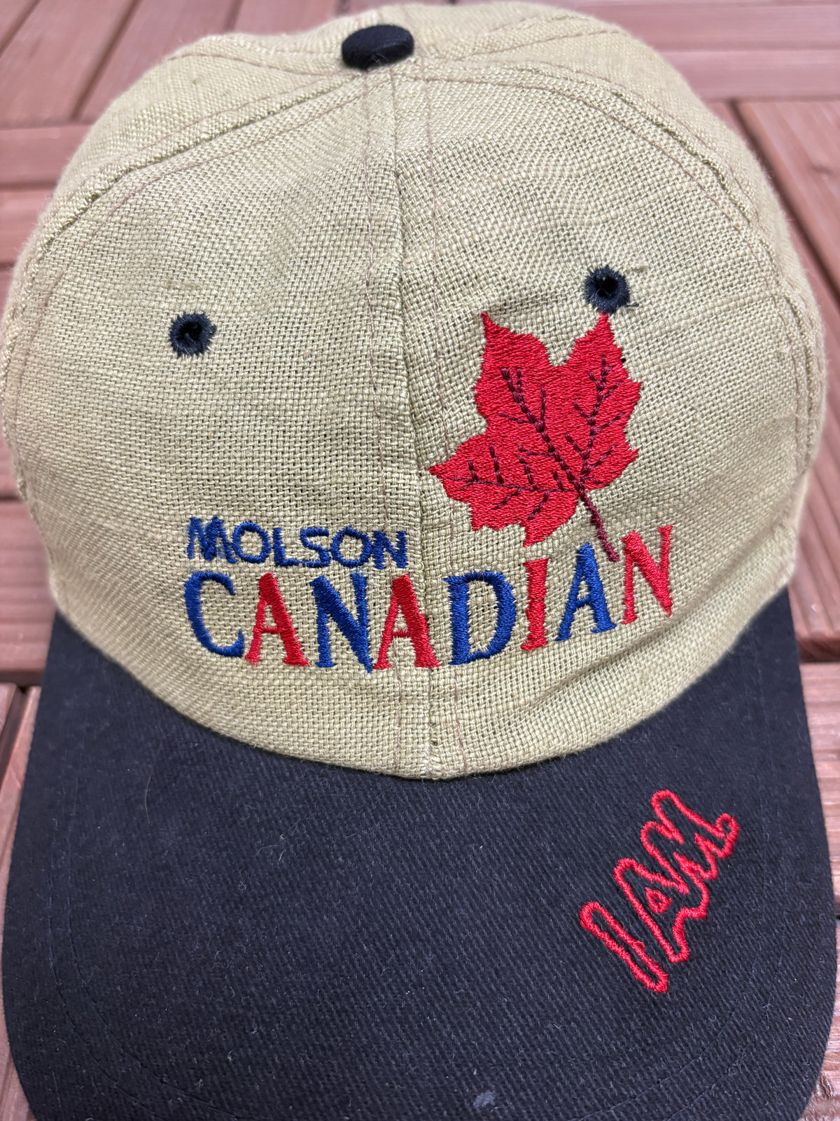 Molson Canadian Beer Graphic Hat | Metal Clasp | Vintage 2000s Alcohol Promotional Beige Cap |