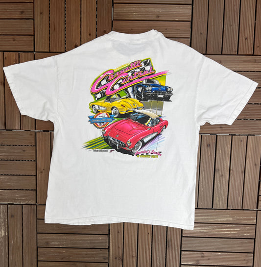 Corvette Central Graphic Tee | Size X-Large | Vintage 1990s Promotional Racing Luxury Car White T-Shirt |