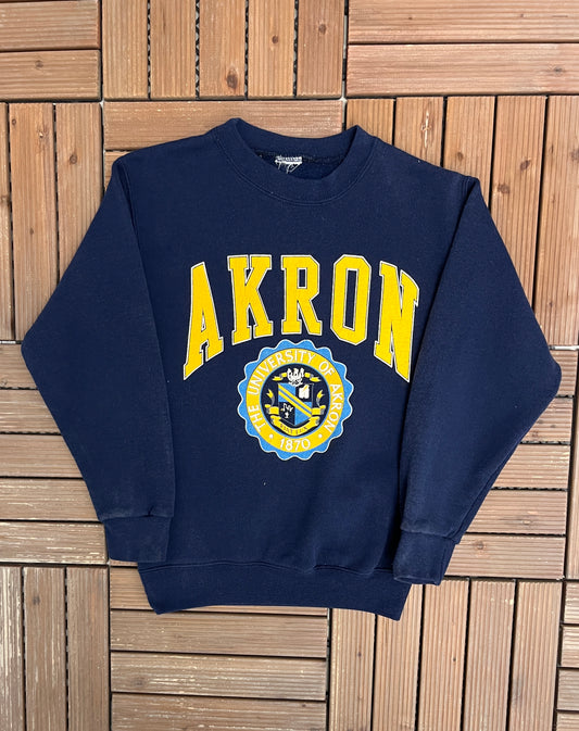 University of Akron Zips Graphic Crewneck | Size X-Small | Vintage 1990s College Blue Sweater |