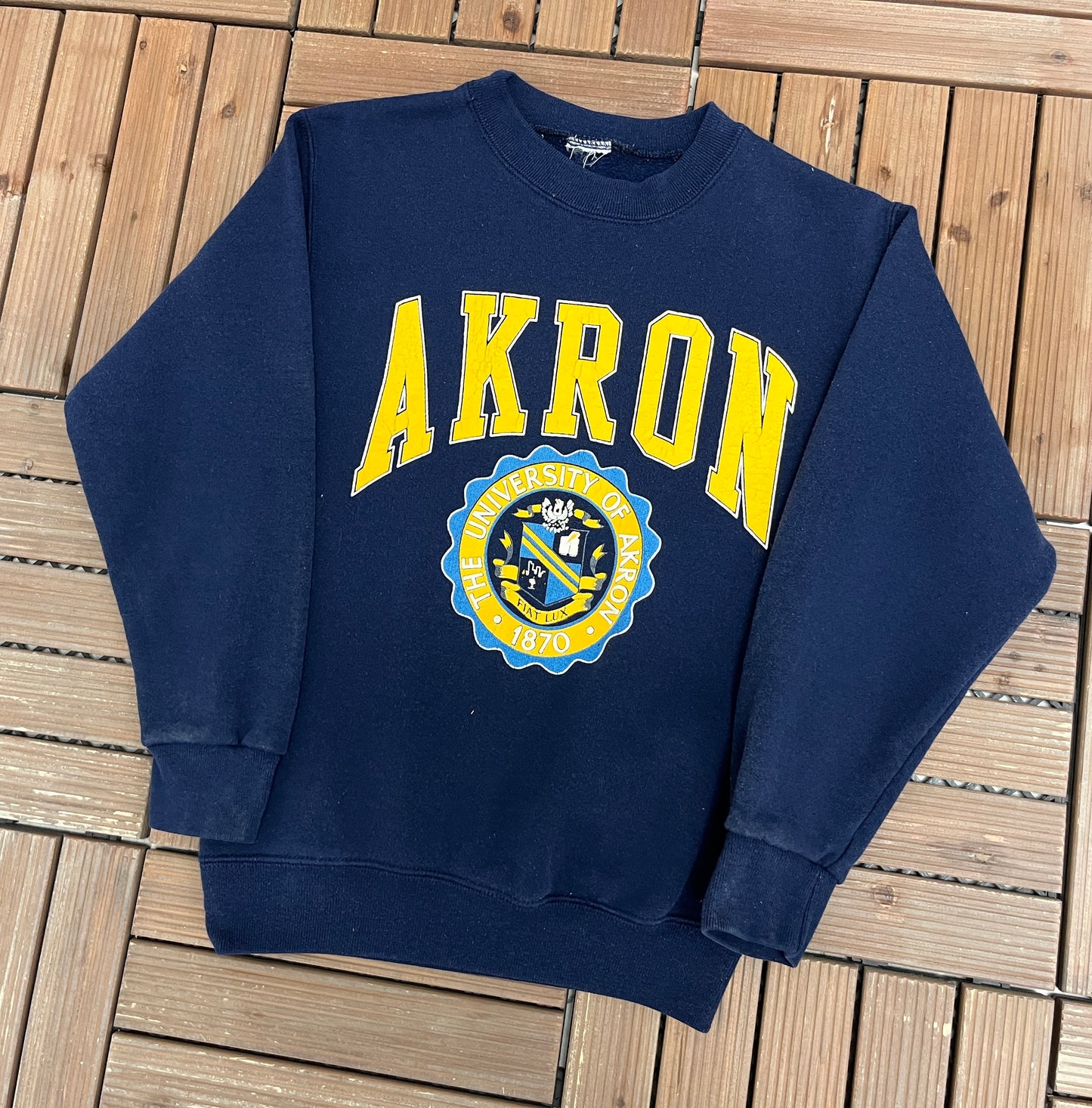 University of Akron Zips Graphic Crewneck | Size X-Small | Vintage 1990s College Blue Sweater |