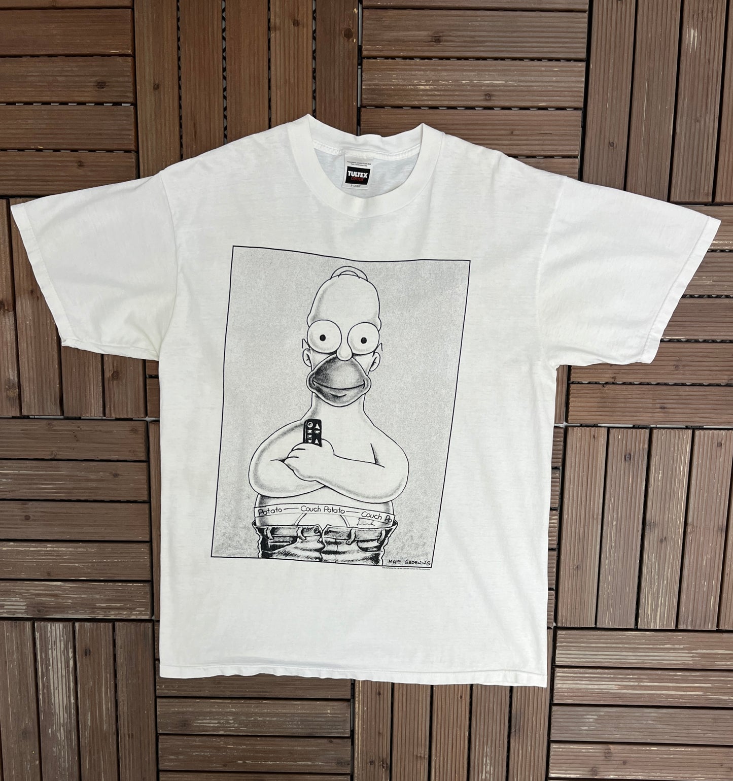 The Simpsons Homer Couch Potato Graphic Tee | Size X-Large | Vintage 1990s Cartoon Promotional White T-Shirt |