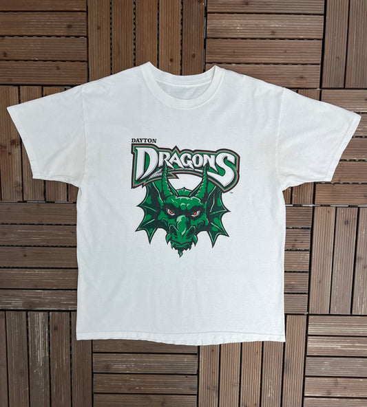 Dayton Dragons Baseball Graphic Tee | Size X-Large | Vintage 2000s Minor League Baseball White T-Shirt |