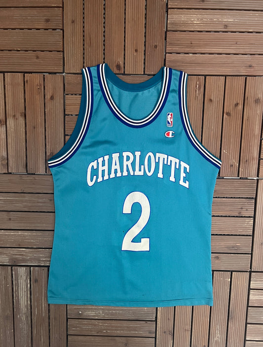 Charlotte Hornets Larry Johnson Graphic Jersey | Size Large | Vintage 1990s NBA Basketball Champion Blue Jersey |