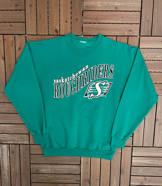 Saskatchewan Roughriders Graphic Crewneck | Size Large | Vintage 1990s CFL Football Green Sweater |