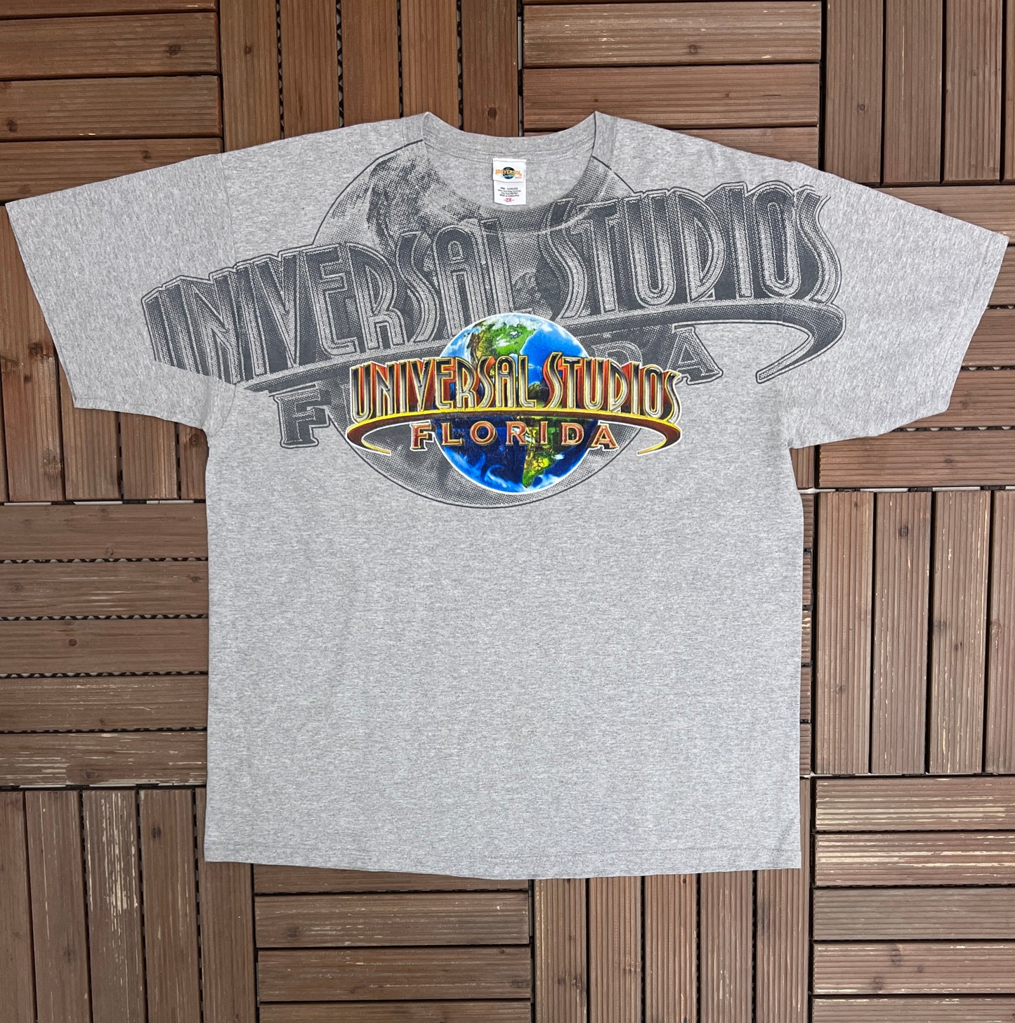 Universal Studios Florida Big Print Graphic Tee | Size XX-Large | Vintage 2000s Promotional Grey T-Shirt |