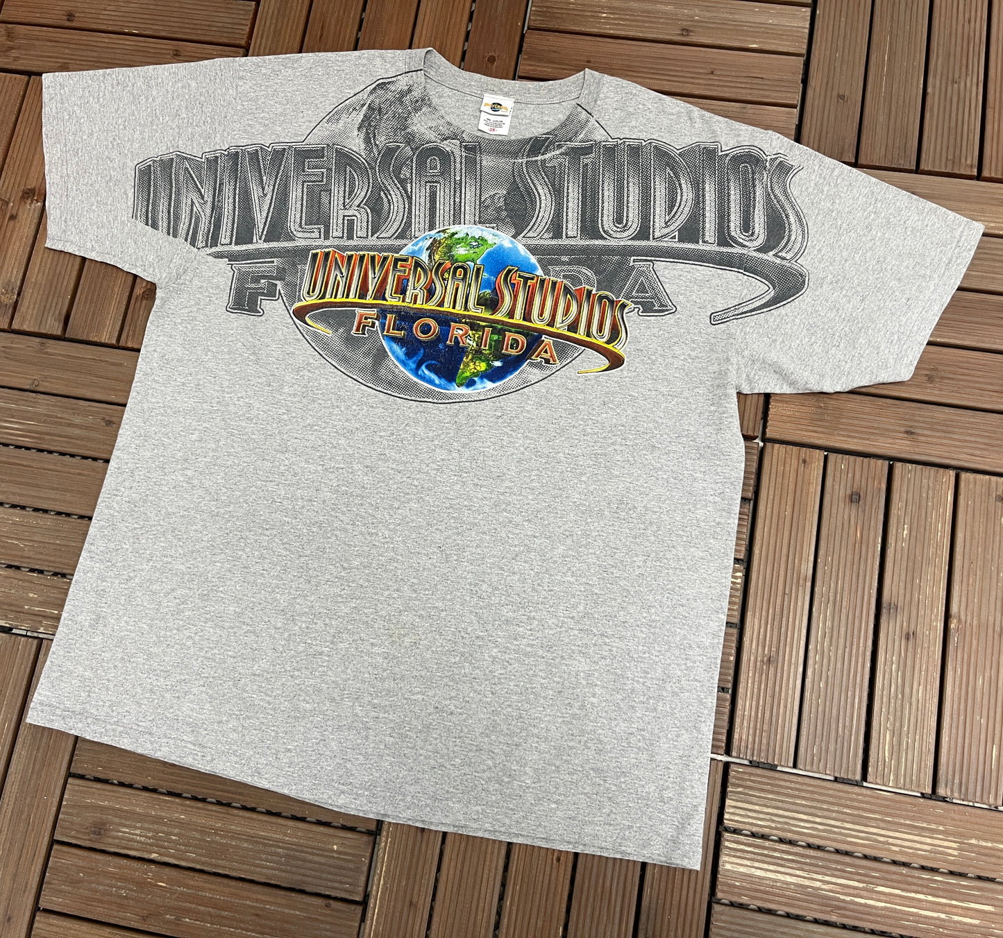 Universal Studios Florida Big Print Graphic Tee | Size XX-Large | Vintage 2000s Promotional Grey T-Shirt |