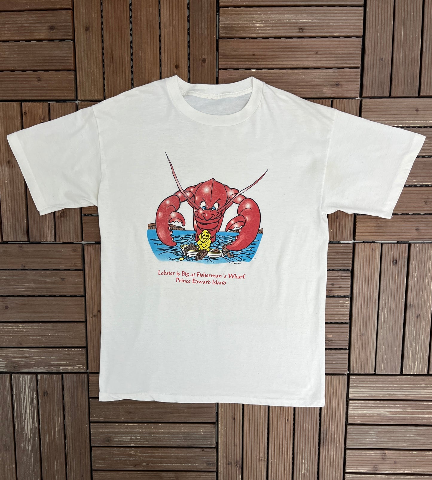 Fisherman's Wharf, Prince Edward Island Graphic Tee | Size Large | Vintage 1990s Single Stitch Tourist White T-Shirt |