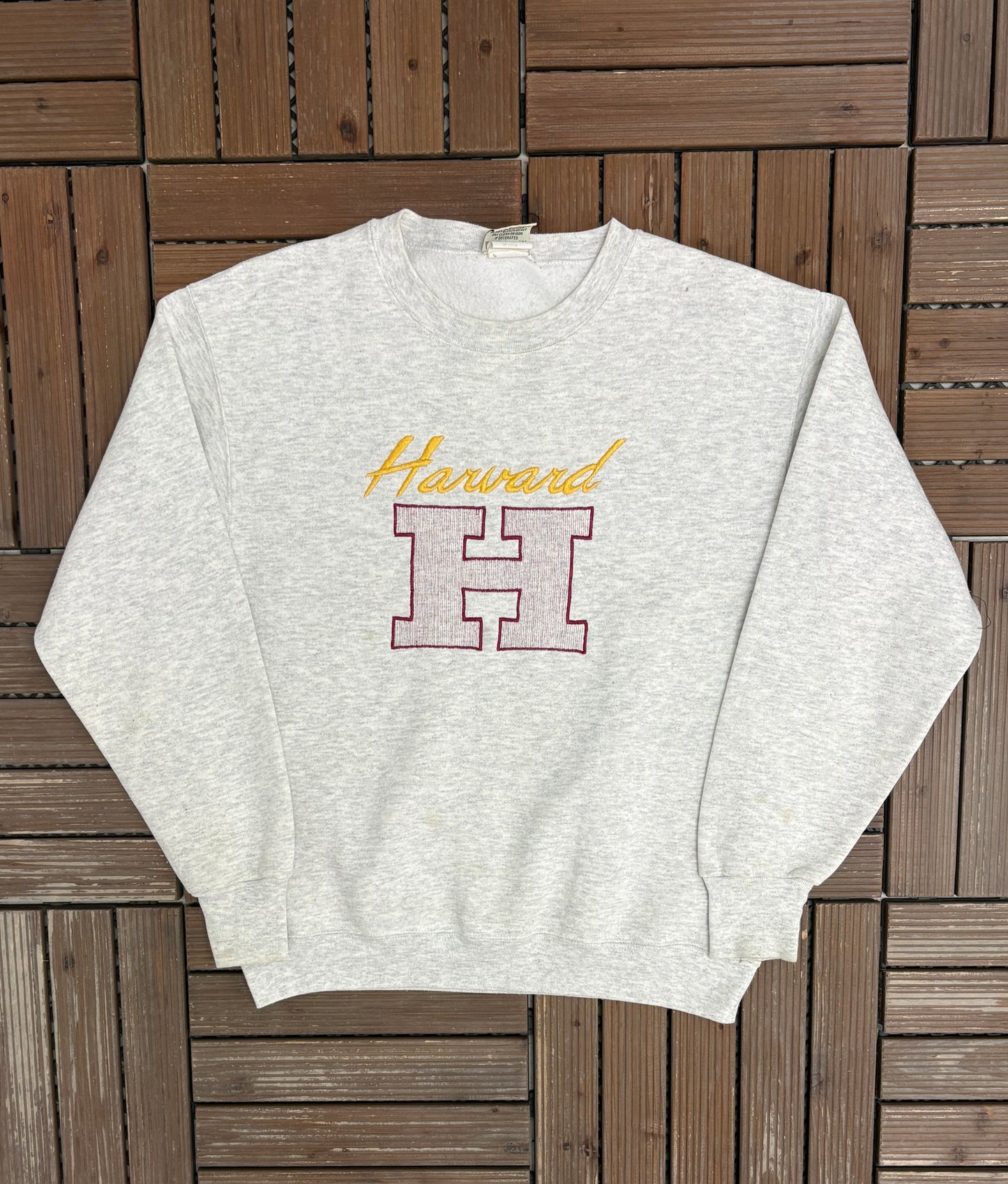 Harvard Crimson Stitched Graphic Crewneck | Size Medium | Vintage 1990s College Grey Sweater |