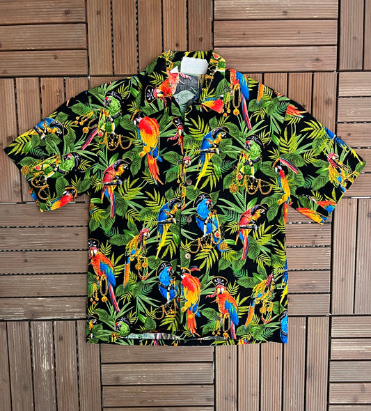 Pirate Parrots Graphic Hawaiian Shirt | Size Small | Vintage 1990s Hawaiian Black Shirt |