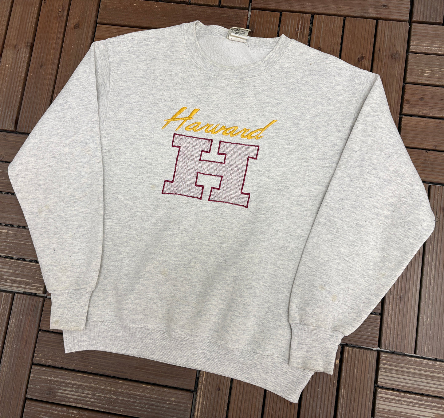 Harvard Crimson Stitched Graphic Crewneck | Size Medium | Vintage 1990s College Grey Sweater |