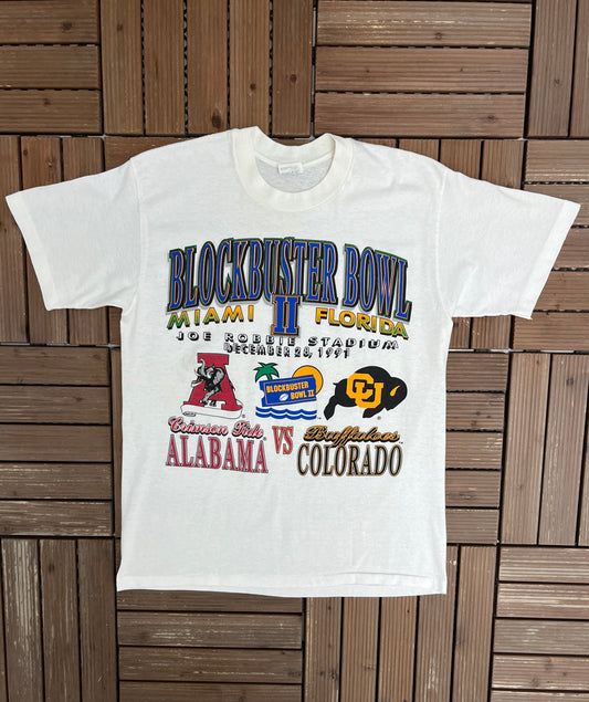 Alabama Crimson Tide vs. Colorado Buffaloes Blockbuster Bowl 1991 Graphic Tee | Size Large | Vintage 1990s College White T-Shirt |