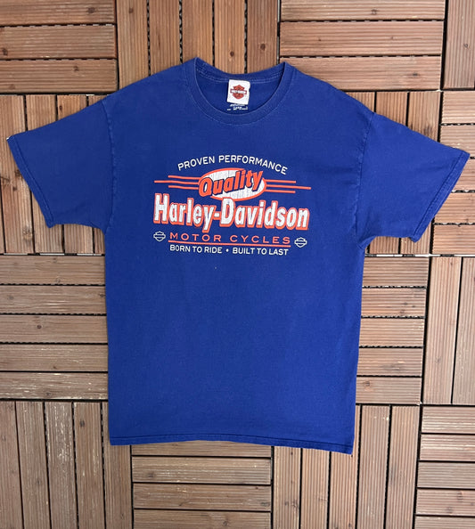 Harley Davidson Birch Run, Michigan Graphic Tee | Size Large | Vintage 2000s Biker Motorcycle Blue T-Shirt |