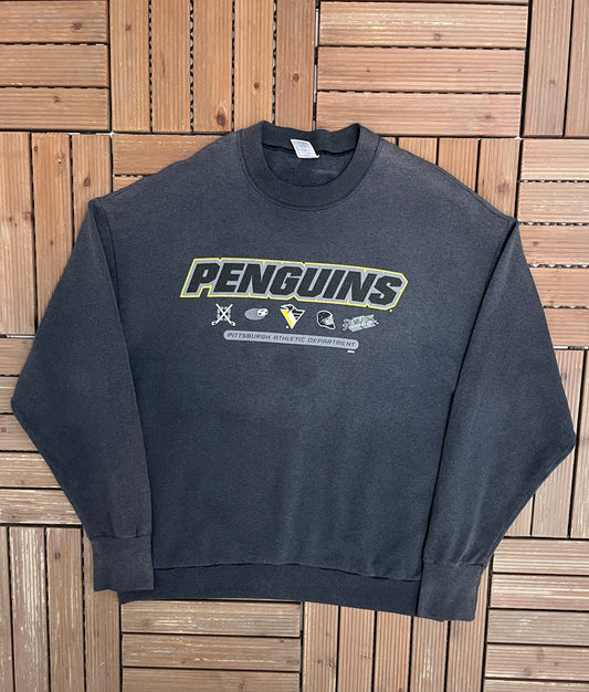 Pittsburgh Penguins Graphic Crewneck | Size X-Large | Vintage 1990s NHL Hockey Black Sweater |