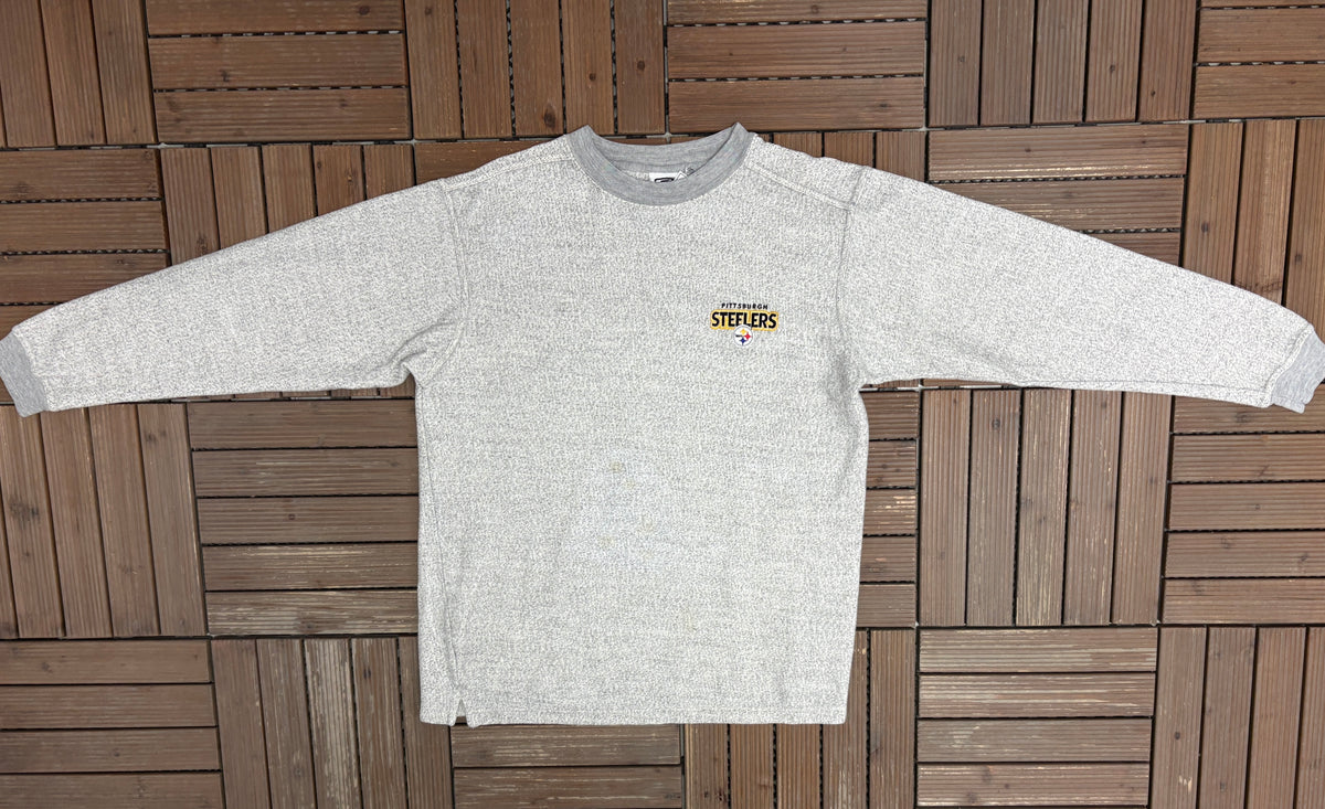 Pittsburgh Steelers Stitched Graphic Fleece Crewneck | Size Medium | Vintage 1990s NFL Football Grey Sweatshirt |