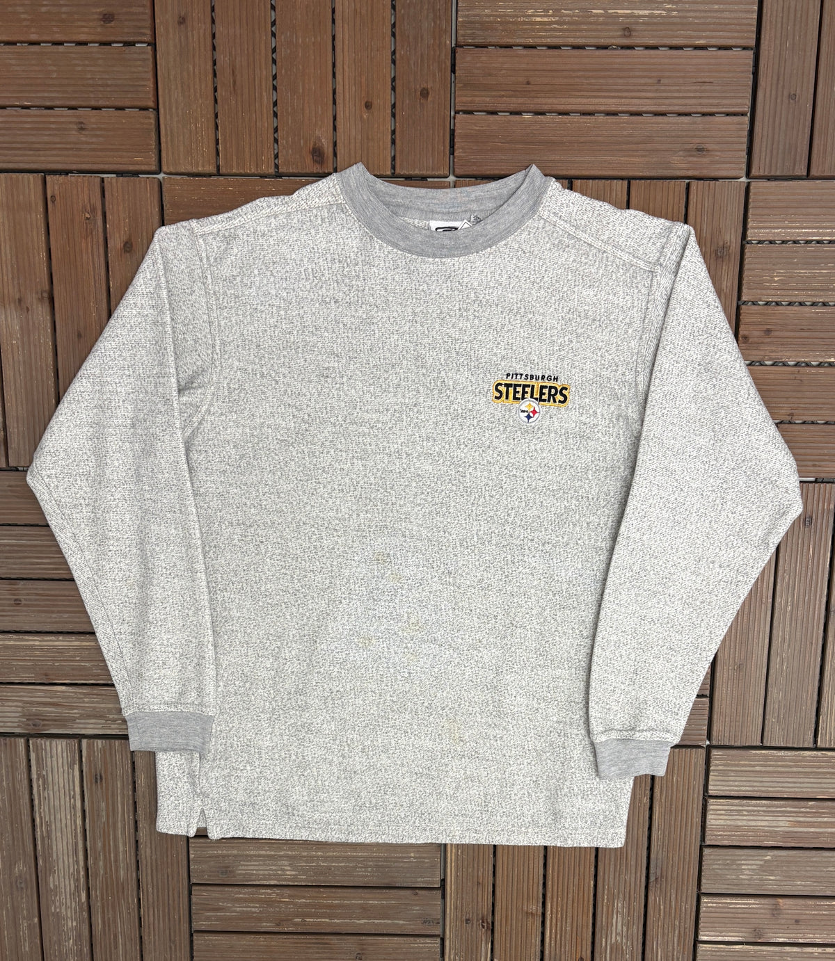 Pittsburgh Steelers Stitched Graphic Fleece Crewneck | Size Medium | Vintage 1990s NFL Football Grey Sweatshirt |