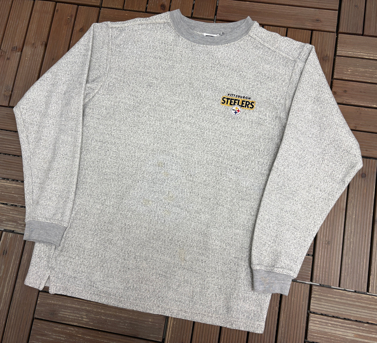 Pittsburgh Steelers Stitched Graphic Fleece Crewneck | Size Medium | Vintage 1990s NFL Football Grey Sweatshirt |