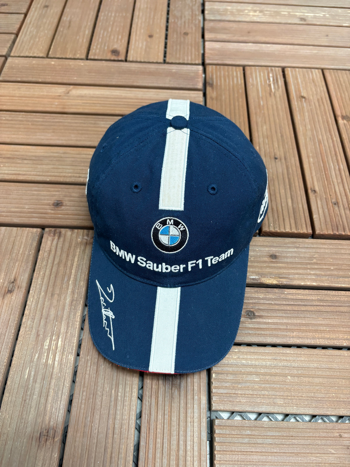 BMW Sauber F1 Team Nick Heidfeld Graphic Hat | Metal Clasp | Vintage 2000s Car Promotional Blue Cap |