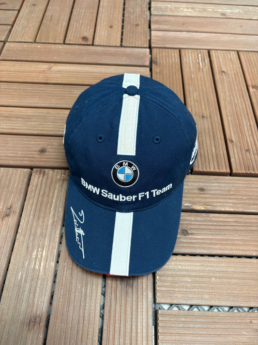 BMW Sauber F1 Team Nick Heidfeld Graphic Hat | Metal Clasp | Vintage 2000s Car Promotional Blue Cap |