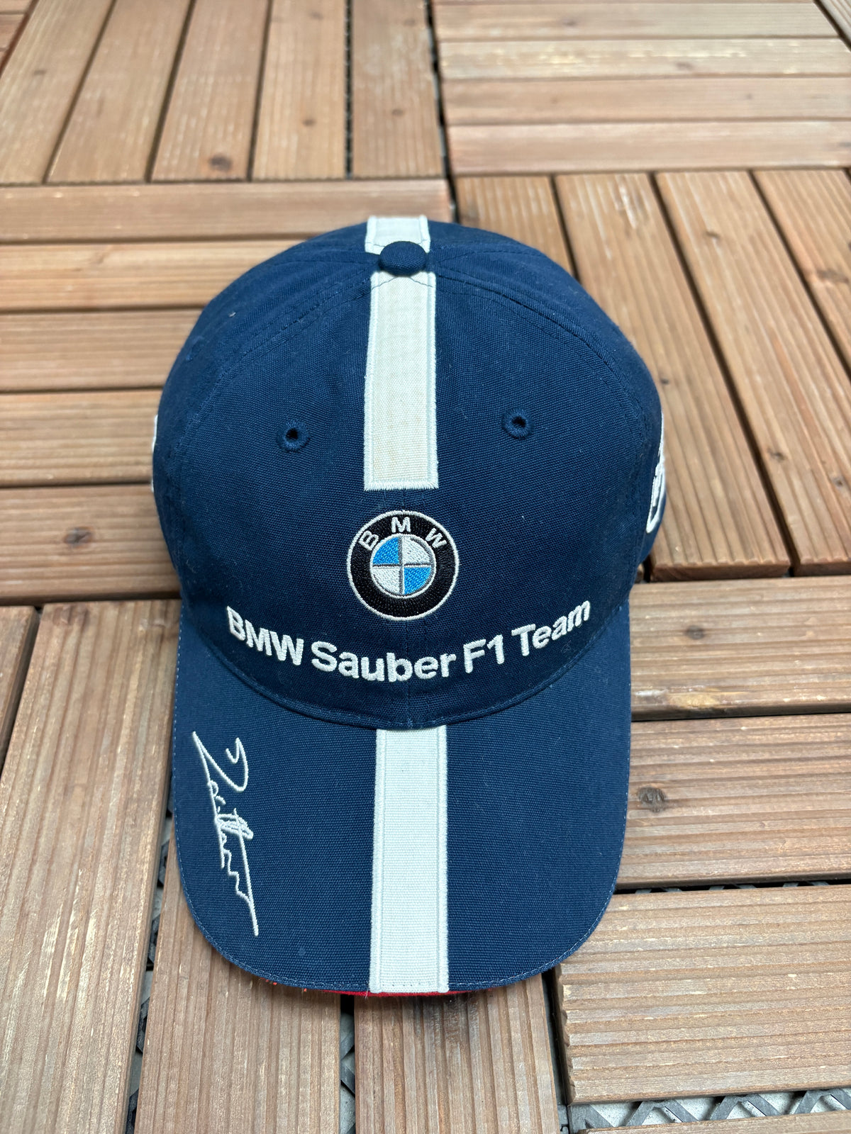 BMW Sauber F1 Team Nick Heidfeld Graphic Hat | Metal Clasp | Vintage 2000s Car Promotional Blue Cap |