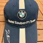 BMW Sauber F1 Team Nick Heidfeld Graphic Hat | Metal Clasp | Vintage 2000s Car Promotional Blue Cap |