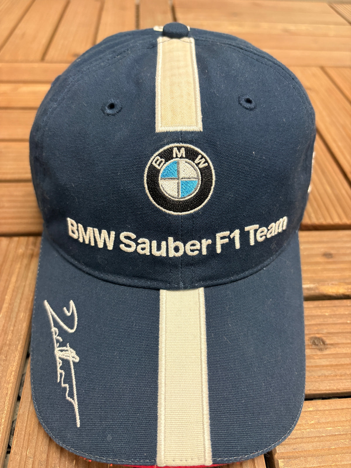 BMW Sauber F1 Team Nick Heidfeld Graphic Hat | Metal Clasp | Vintage 2000s Car Promotional Blue Cap |