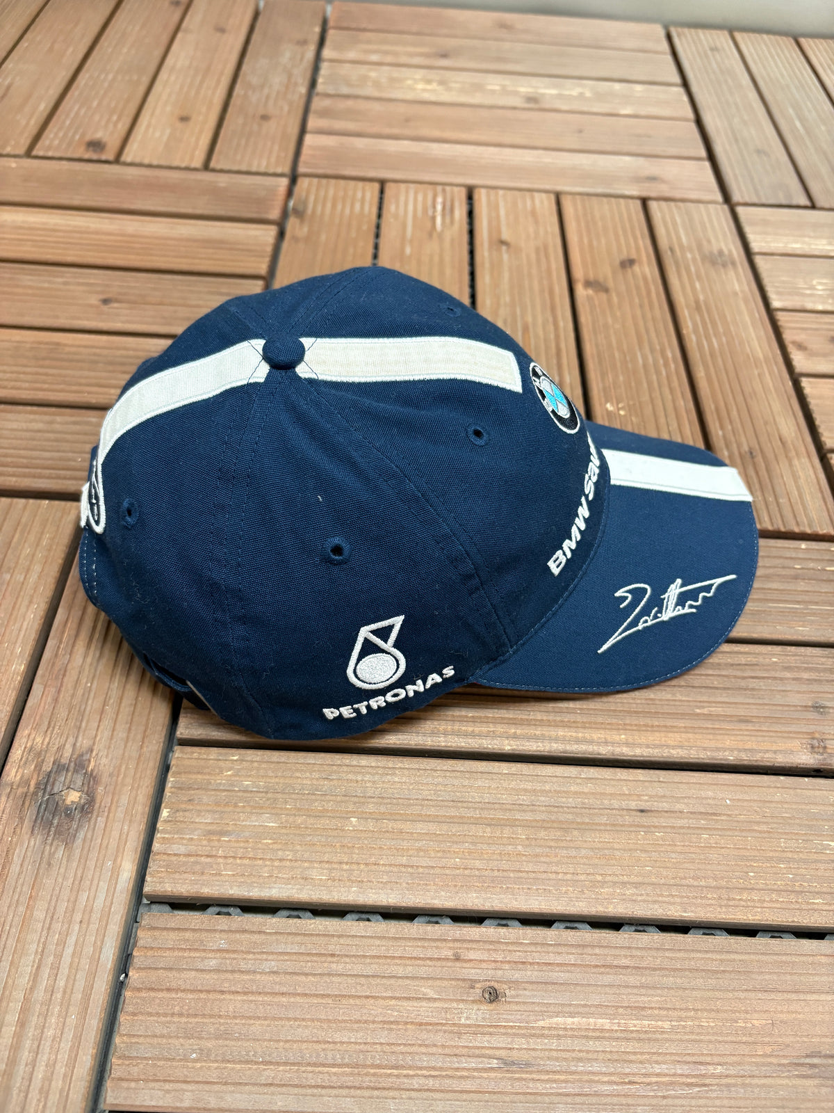 BMW Sauber F1 Team Nick Heidfeld Graphic Hat | Metal Clasp | Vintage 2000s Car Promotional Blue Cap |