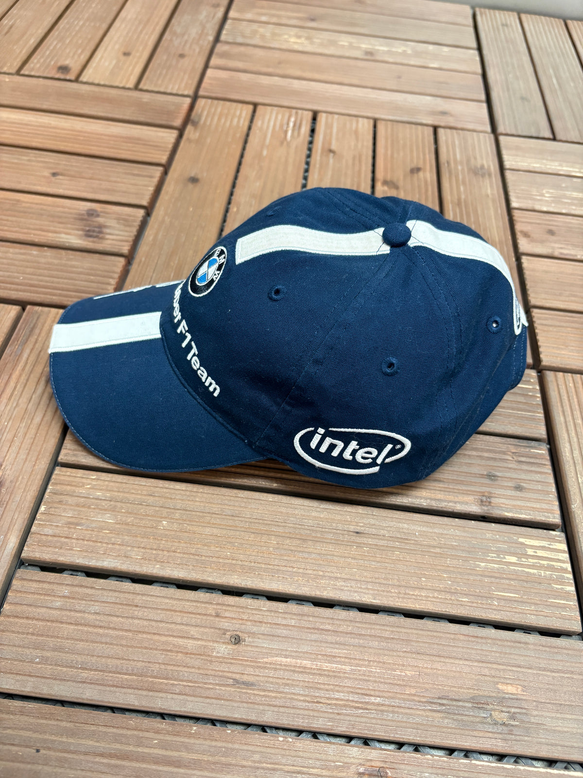 BMW Sauber F1 Team Nick Heidfeld Graphic Hat | Metal Clasp | Vintage 2000s Car Promotional Blue Cap |