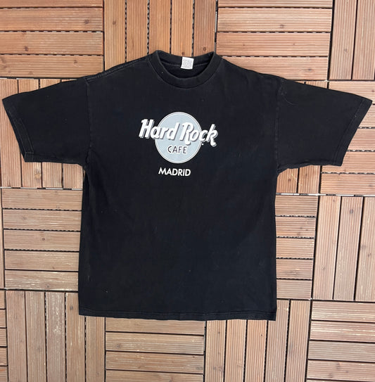 Hard Rock Cafe Madrid Graphic Tee | Size X-Large | Vintage 2000s Promotional Collectors Black T-Shirt |