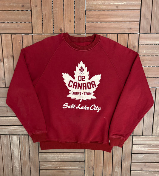 Team Canada 2002 Salt Lake City Olympics Graphic Crewneck | Size Large | Vintage 2000s Promotional Red Sweater |