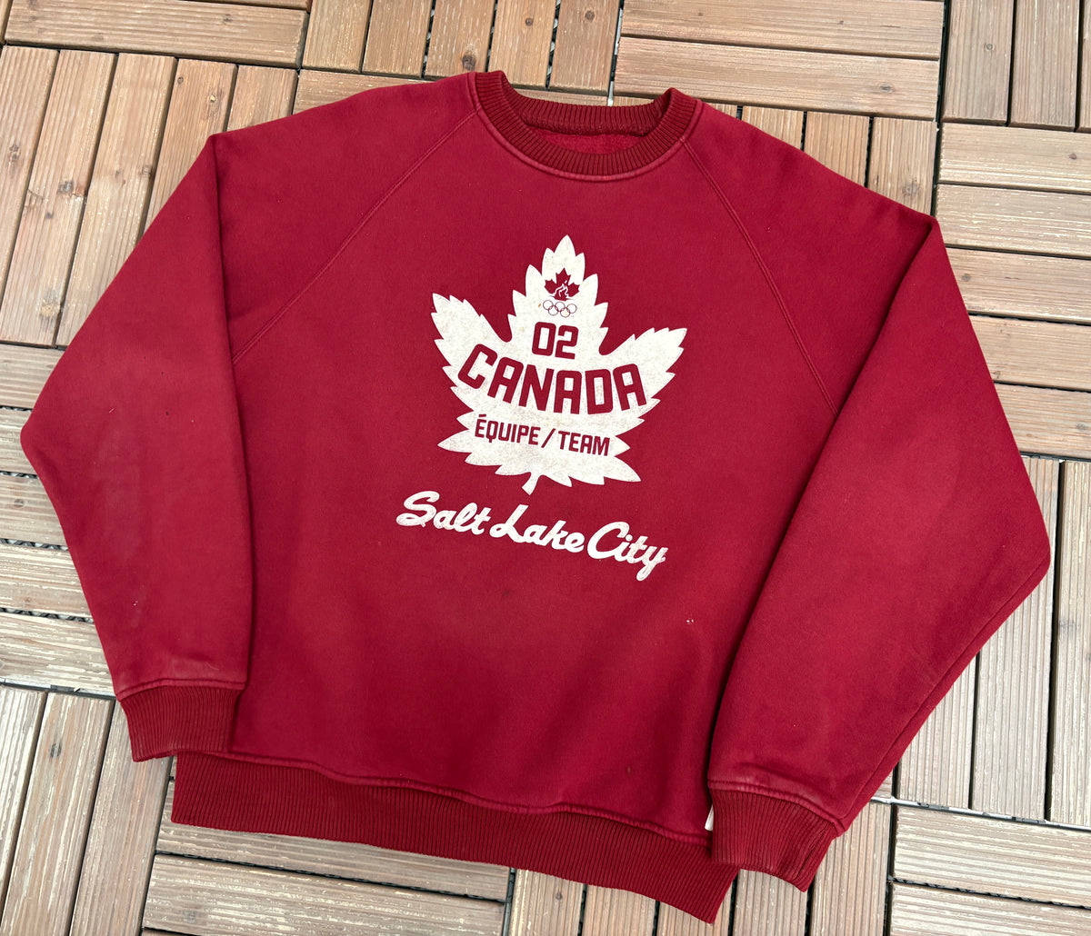 Team Canada 2002 Salt Lake City Olympics Graphic Crewneck | Size Large | Vintage 2000s Promotional Red Sweater |