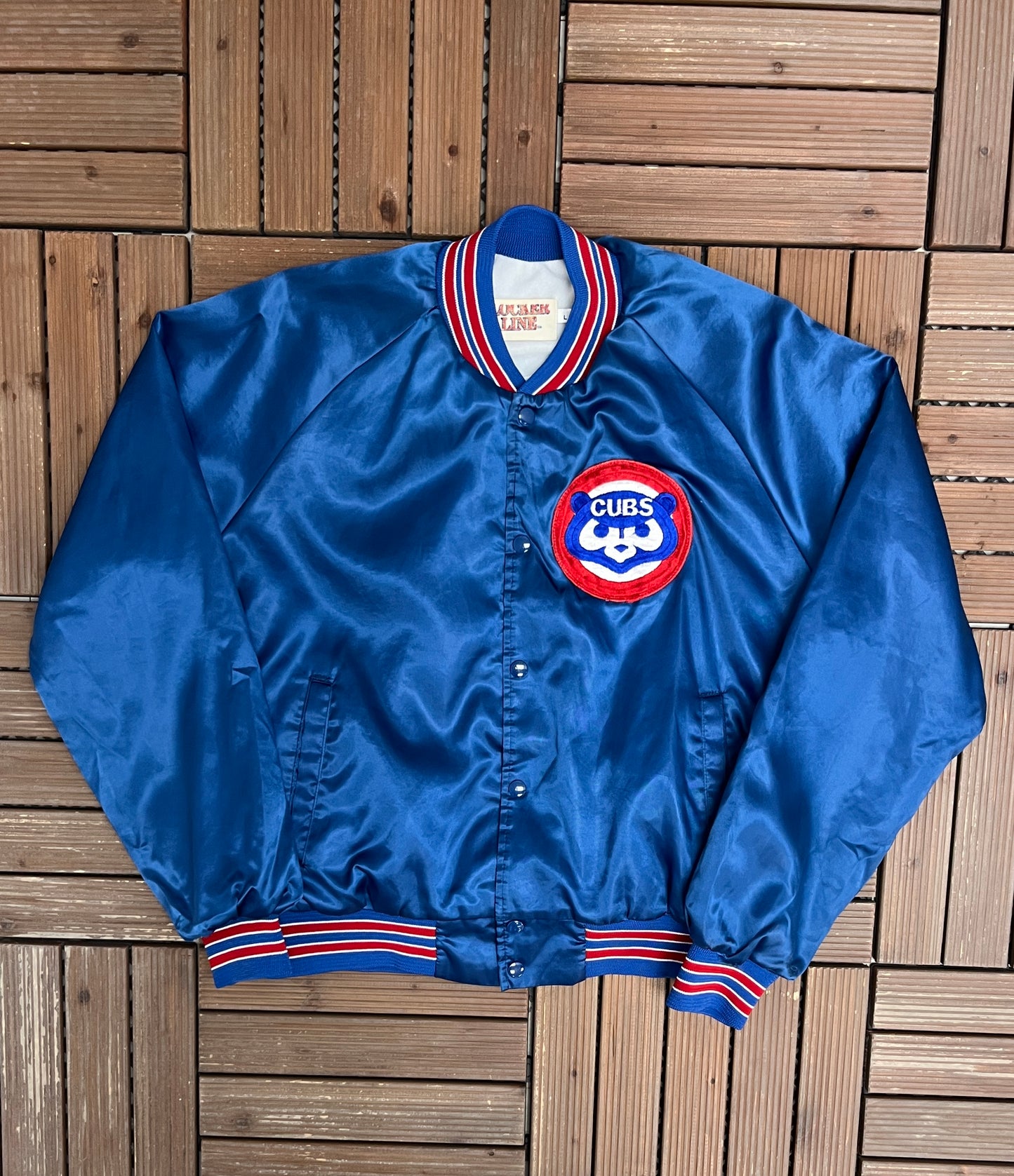 Chicago Cubs Stitched Graphic Jacket | Size Large | Vintage 1990s MLB Baseball Blue Bomber Jacket |