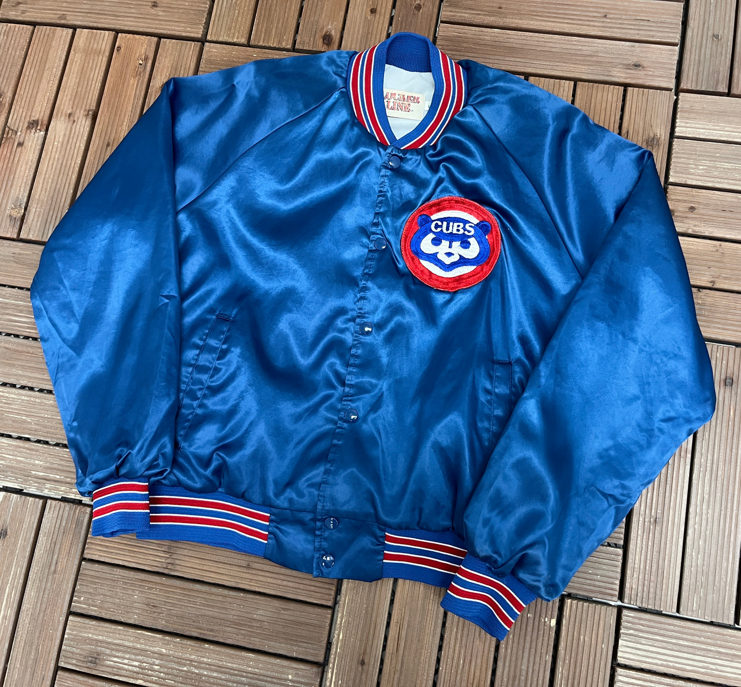 Chicago Cubs Stitched Graphic Jacket | Size Large | Vintage 1990s MLB Baseball Blue Bomber Jacket |